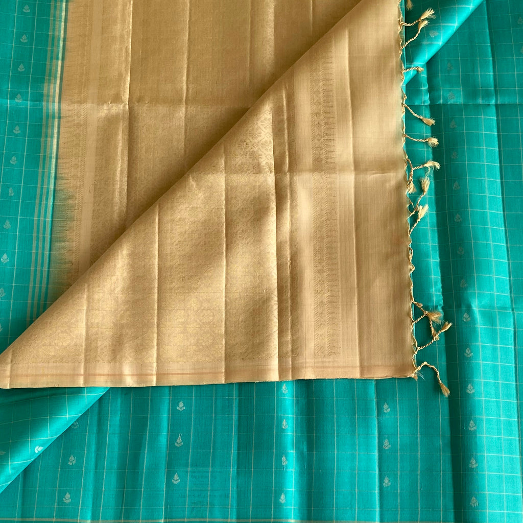 Turquoise Designer Pure Silk Saree With Golden Beige Pallu