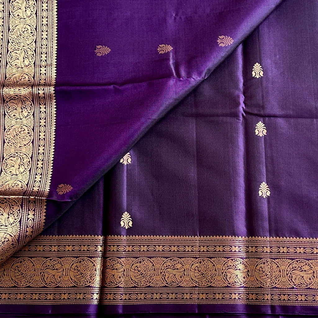 Royal Purple Saree With Gold Paisley Brocade And Medallion Border