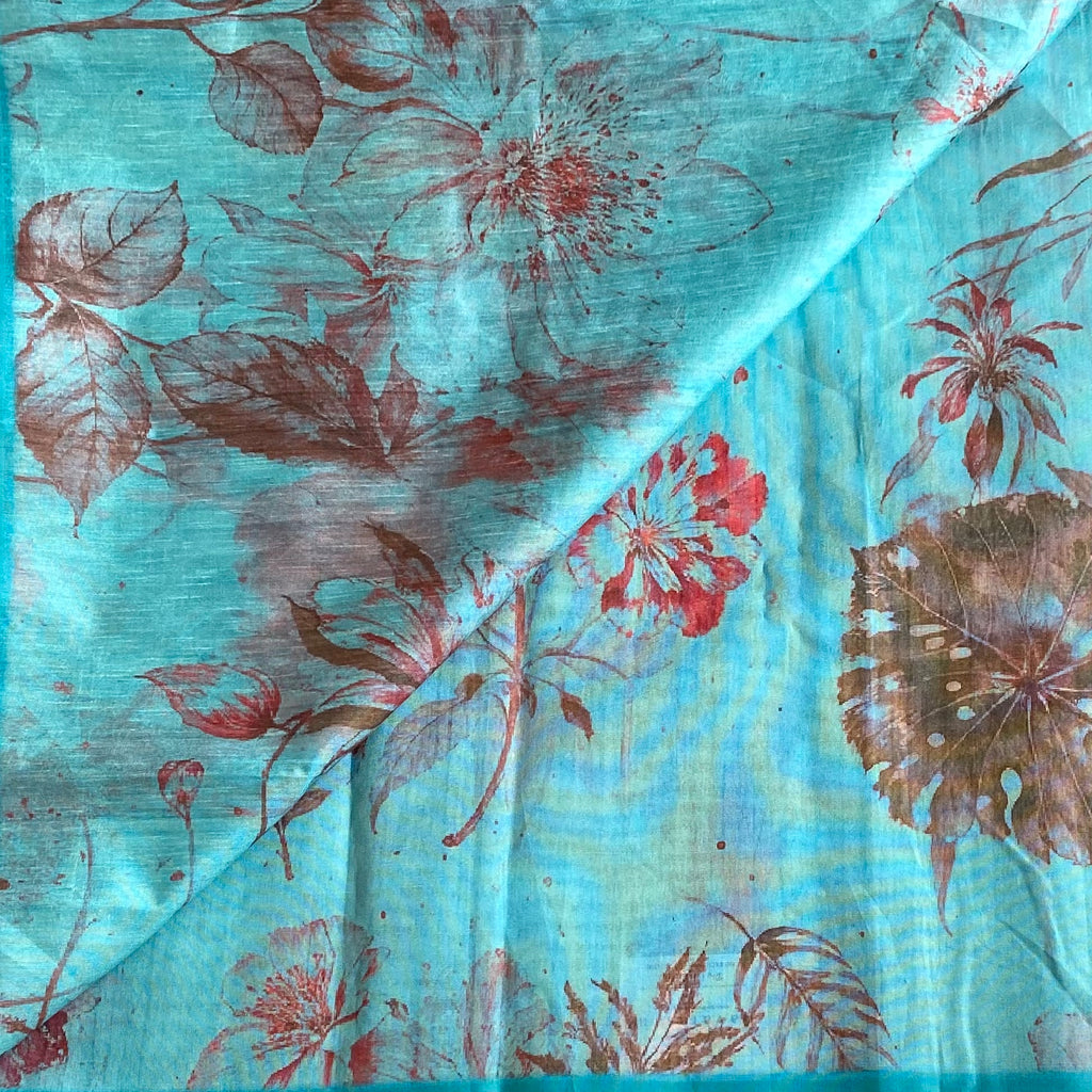 Aqua Blue Lightweight Printed Soft Tussar Saree With Floral Dreamy Prints