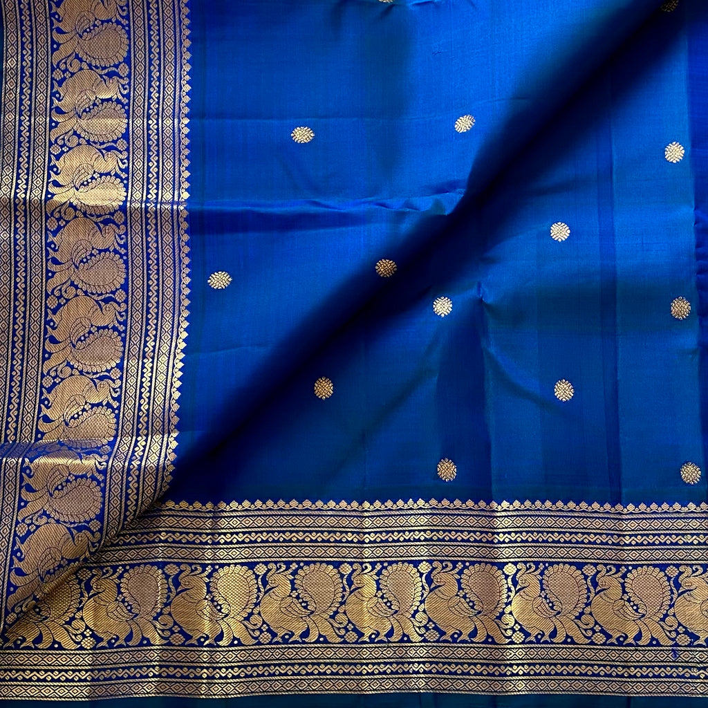 Peacock Blue Kanjeevaram Pure Zari Silk Saree With Antique Gold Border