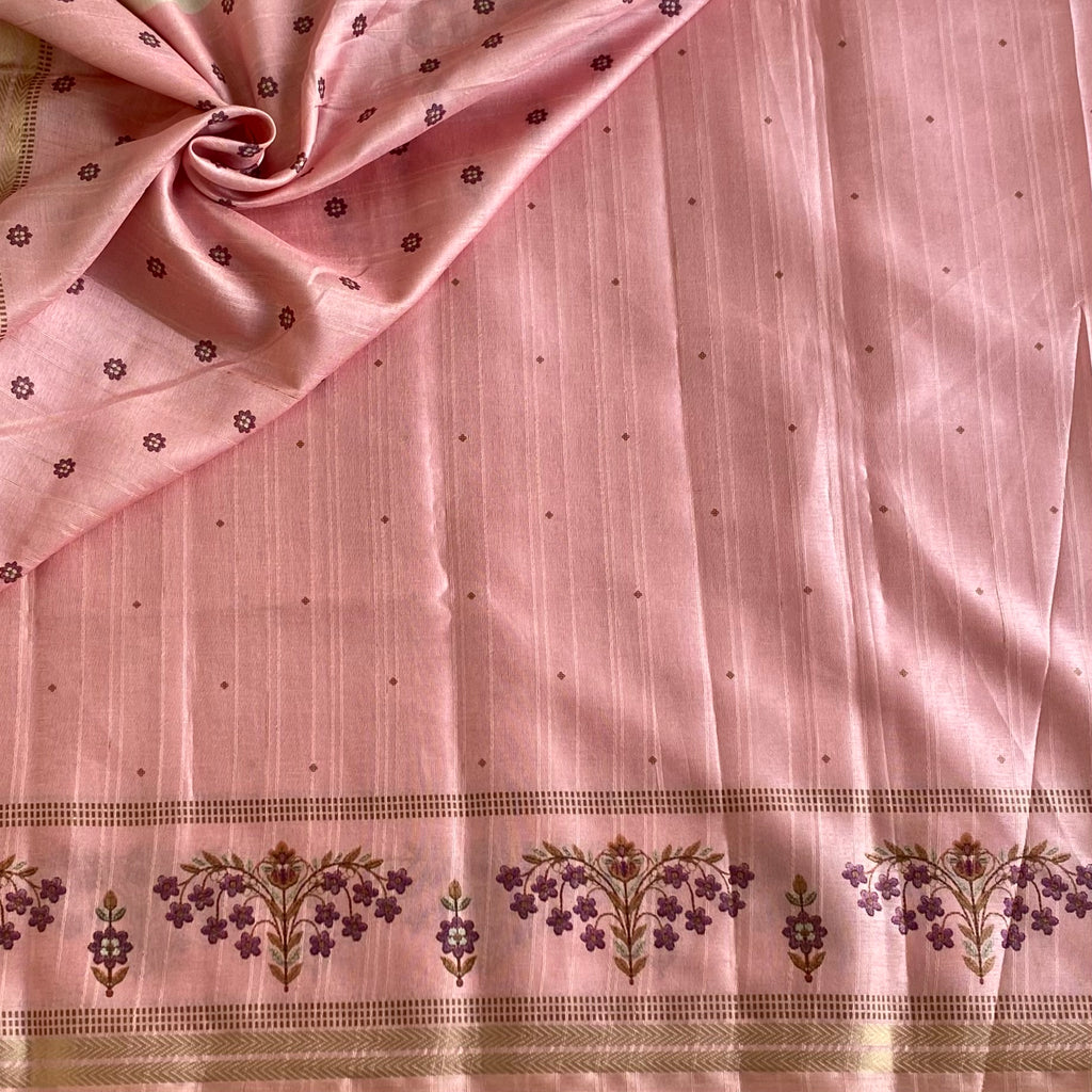 Blush Pink Softest Tussar Saree With Violet Purple Prints