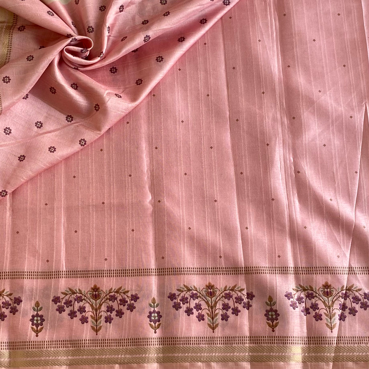 Blush Pink Softest Tussar Saree With Violet Purple Prints
