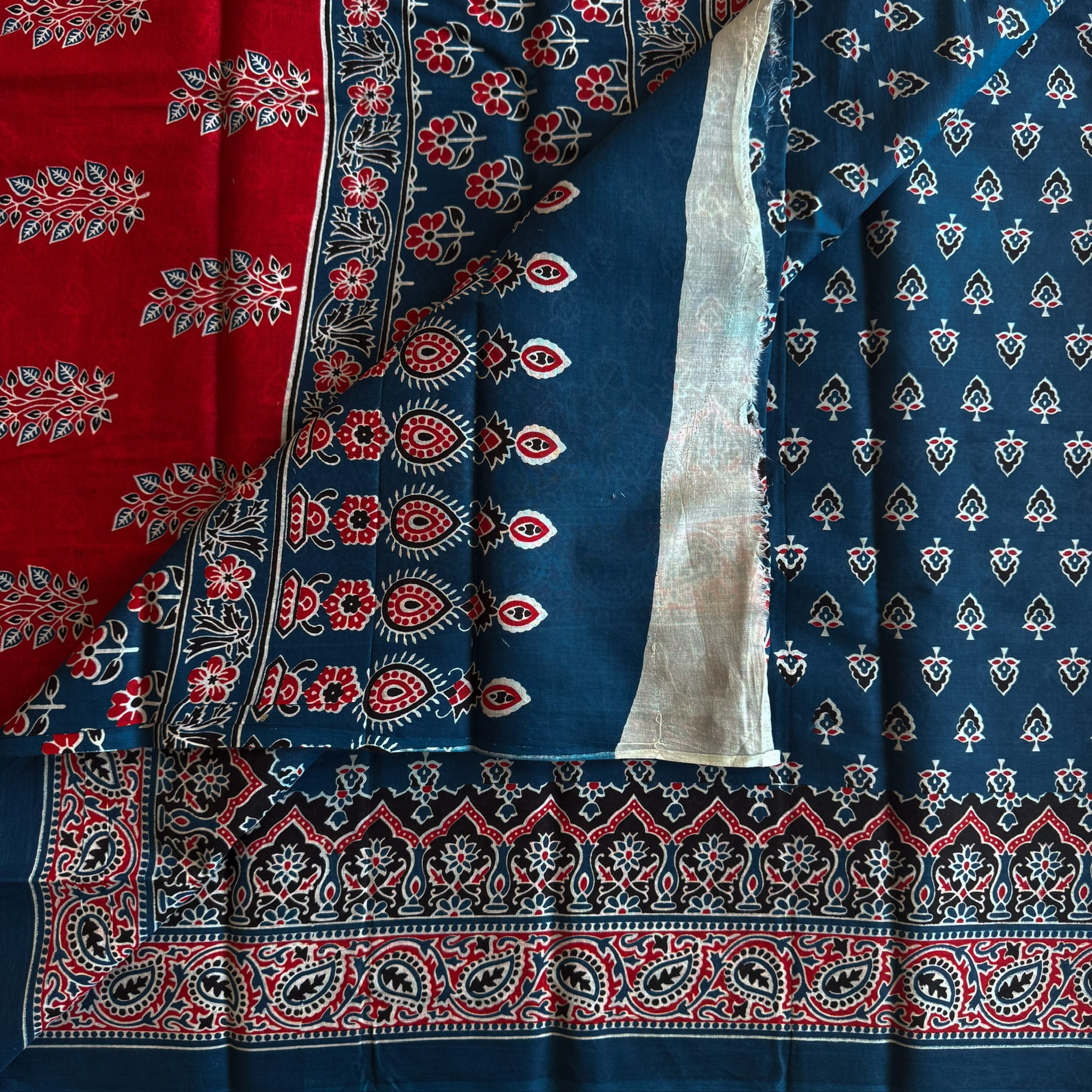 Indigo Red Block Print Cotton Saree Paisley Floral Casual Wear