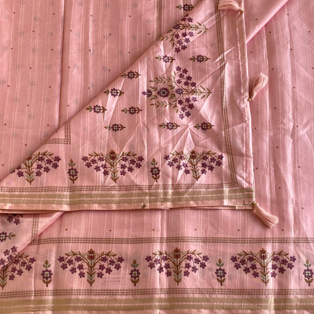 Blush Pink Softest Tussar Saree With Violet Purple Prints