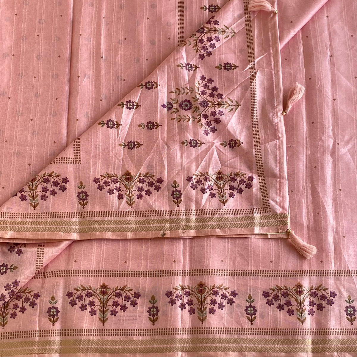 Blush Pink Softest Tussar Saree With Violet Purple Prints