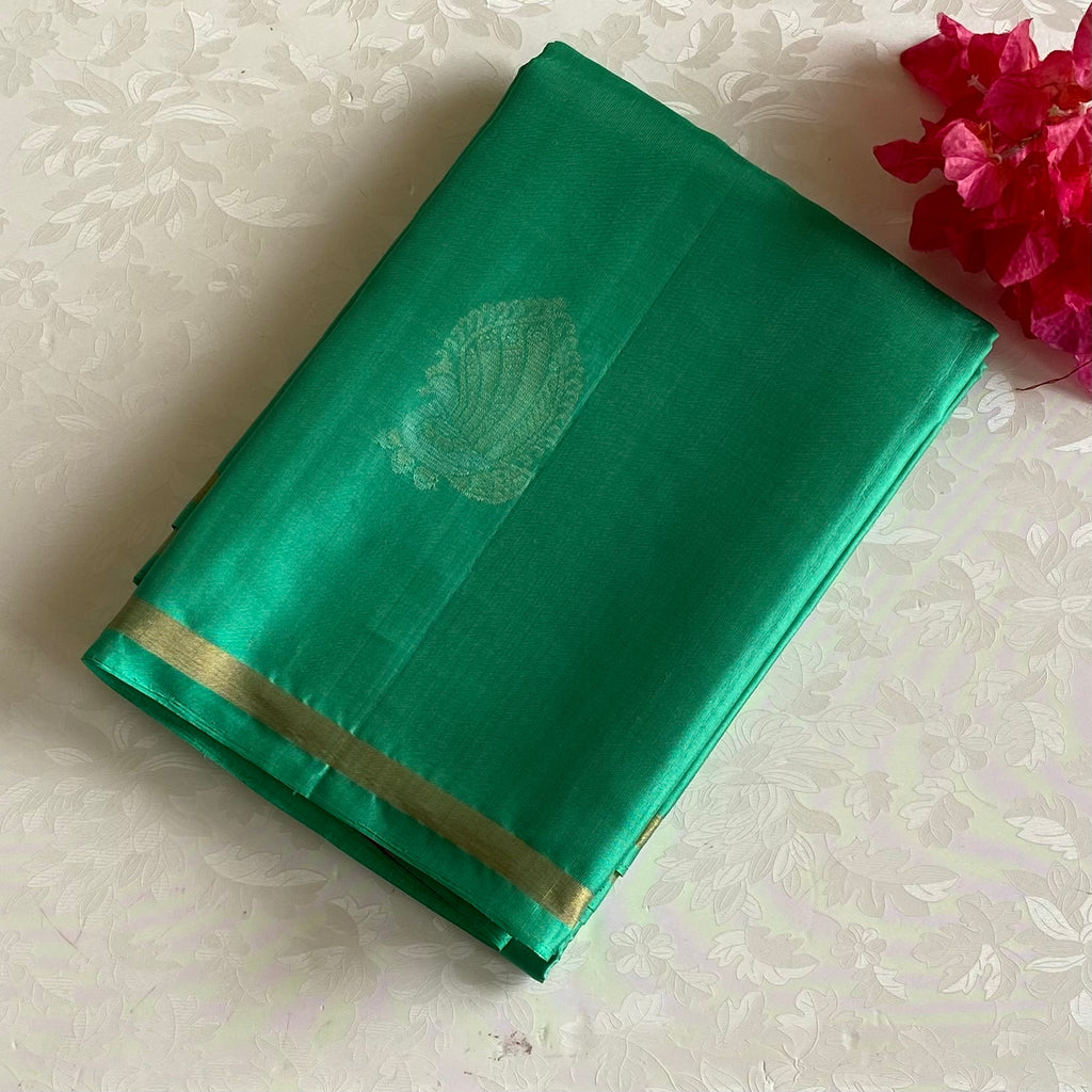 Sea Green Designer Pure Silk Saree With Vermilion Red Pallu