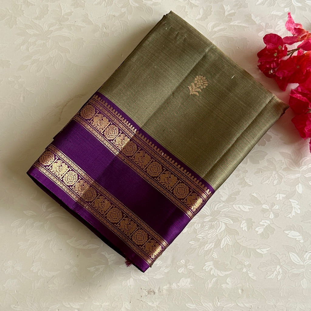 Metallic Sage Green Designer Pure Silk Saree Royal Purple Zari Borders