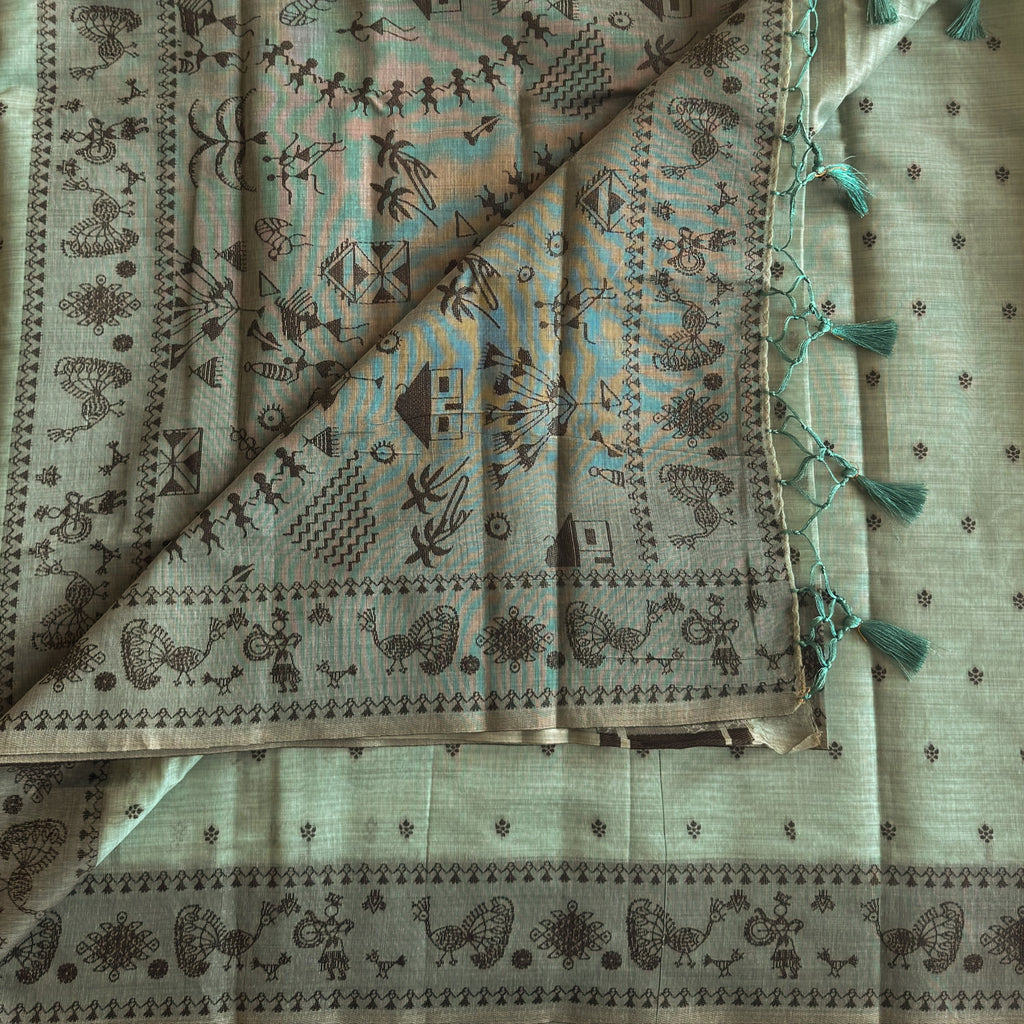 Pale Aqua Folk Print Handloom Saree With Peacock Border Tassels