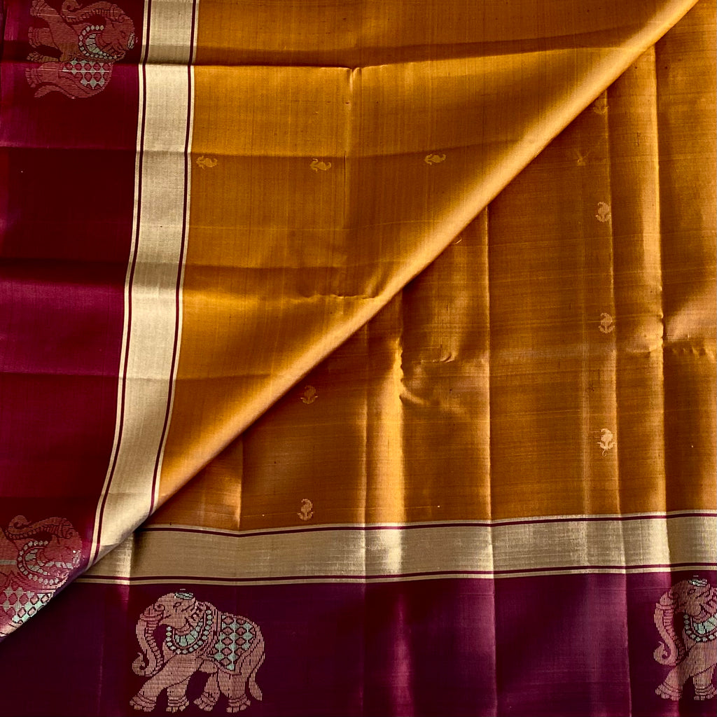 Mustard Gold Designer Pure Silk Saree With Deep Maroon Pallu
