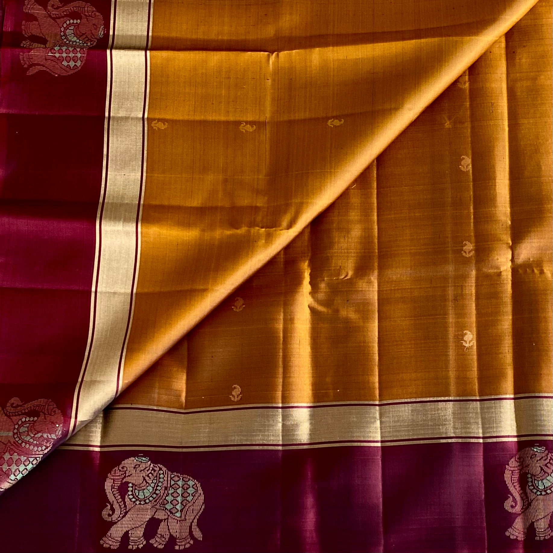 Mustard Gold Designer Pure Silk Saree With Deep Maroon Pallu