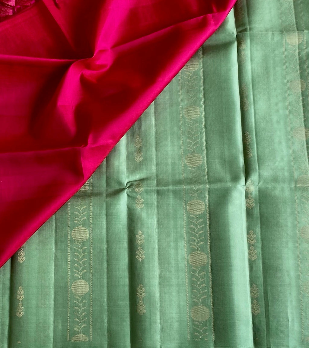 Mint Green Designer Pure Silk Saree With Rani Pink Pallu