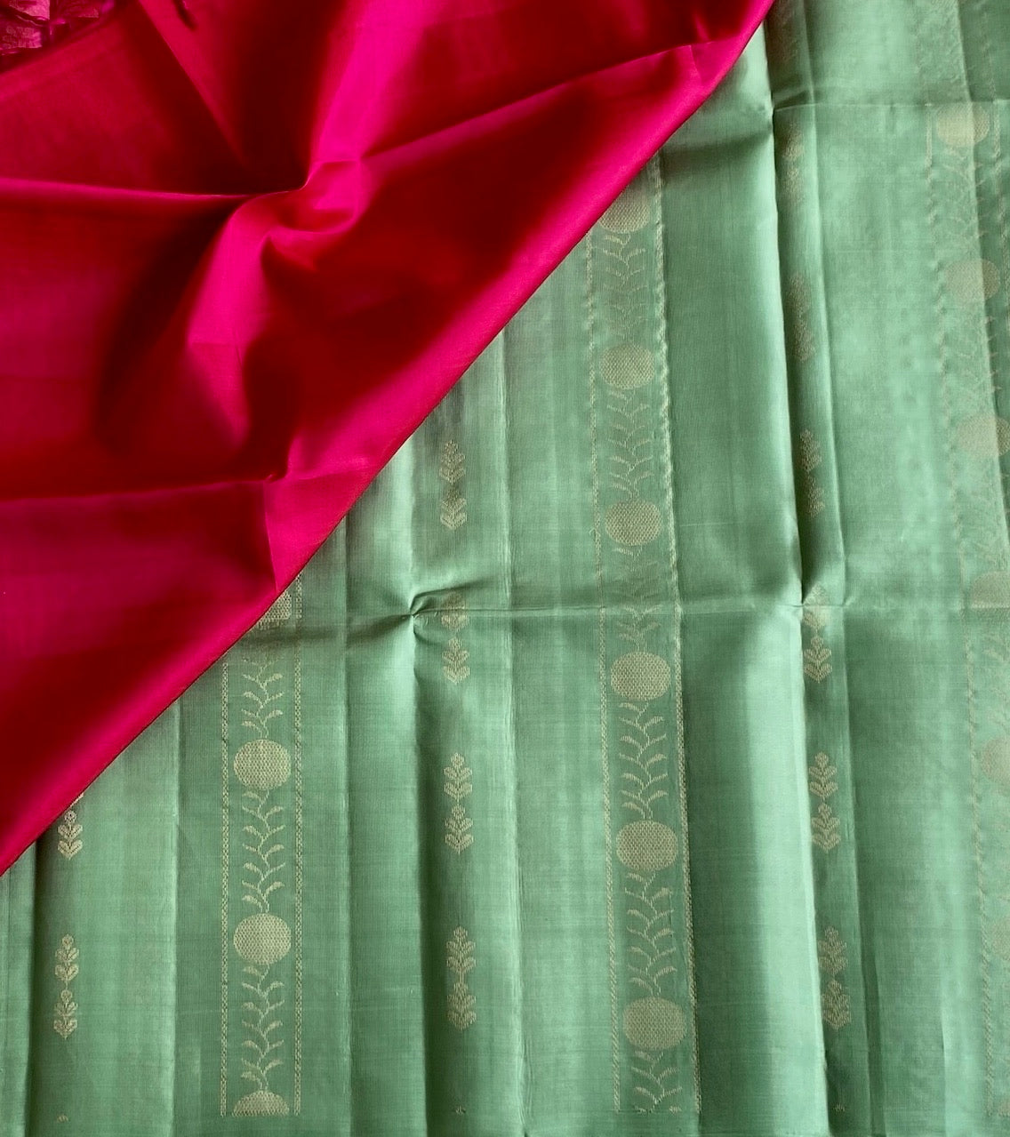 Mint Green Designer Pure Silk Saree With Rani Pink Pallu