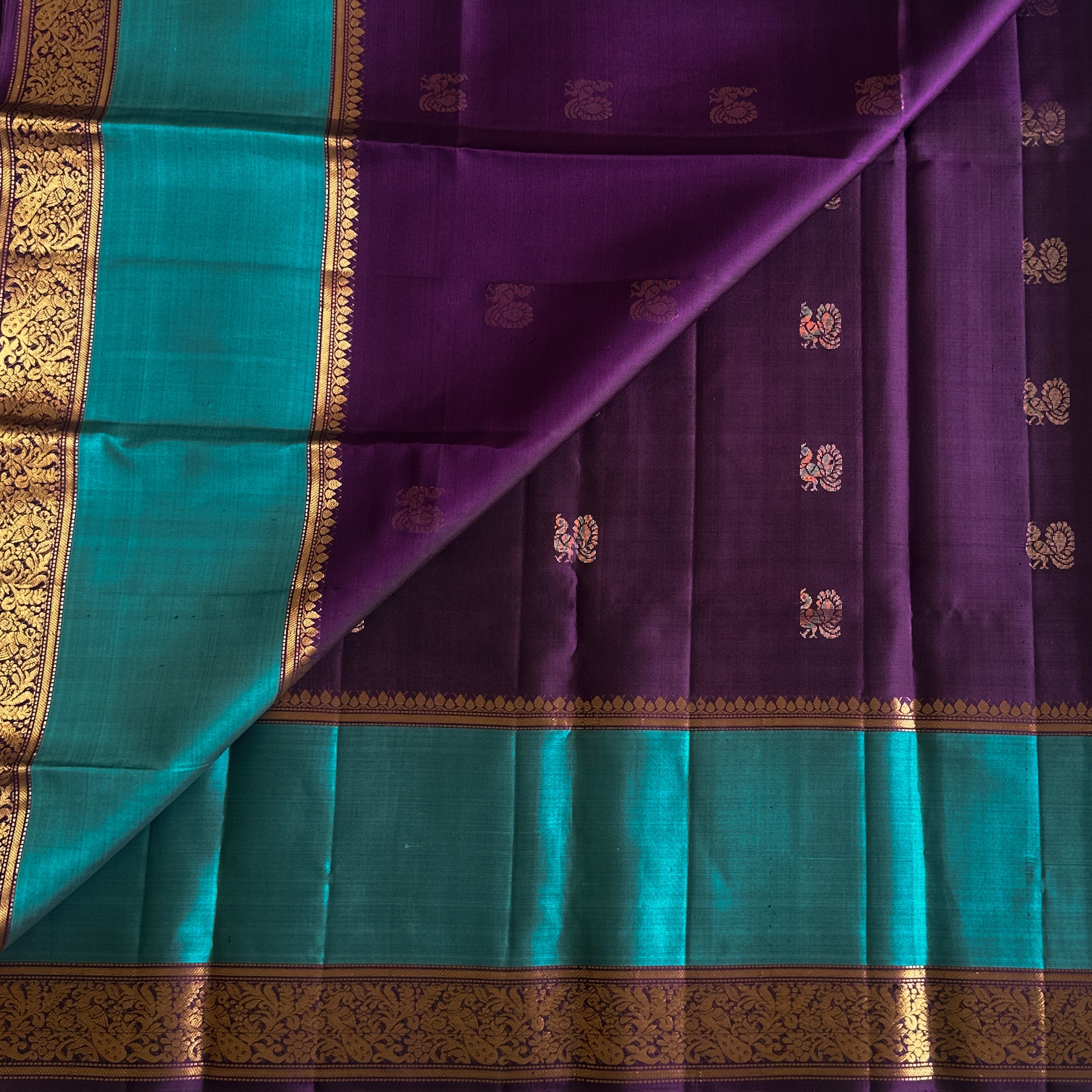 Navi • Deep Purple with Classy turquoise Designer Pure Silk Stunner