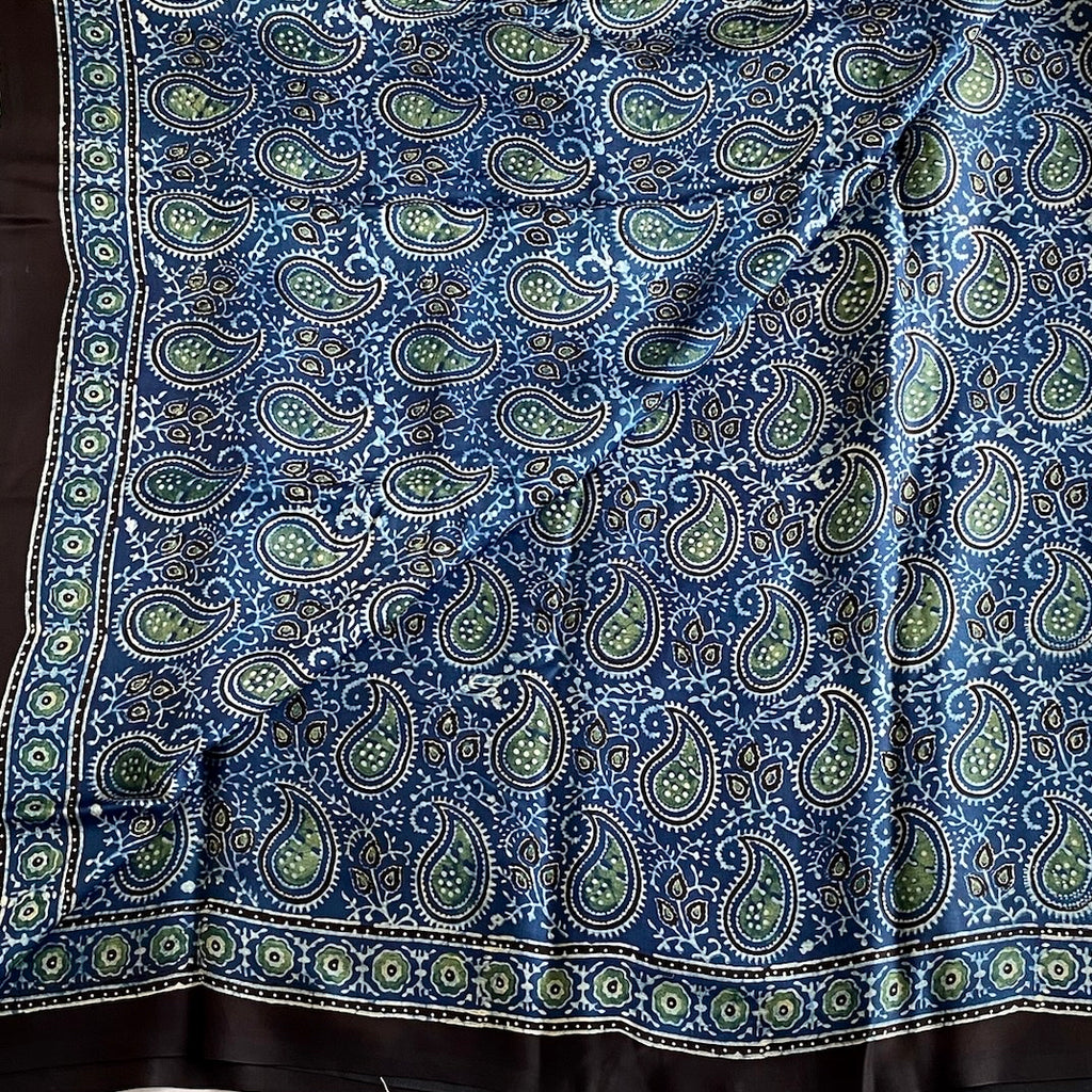 Deep Ocean Blue AJRAKH HANDBLOCK PRINTED SILK Saree With Olive Green Pallu