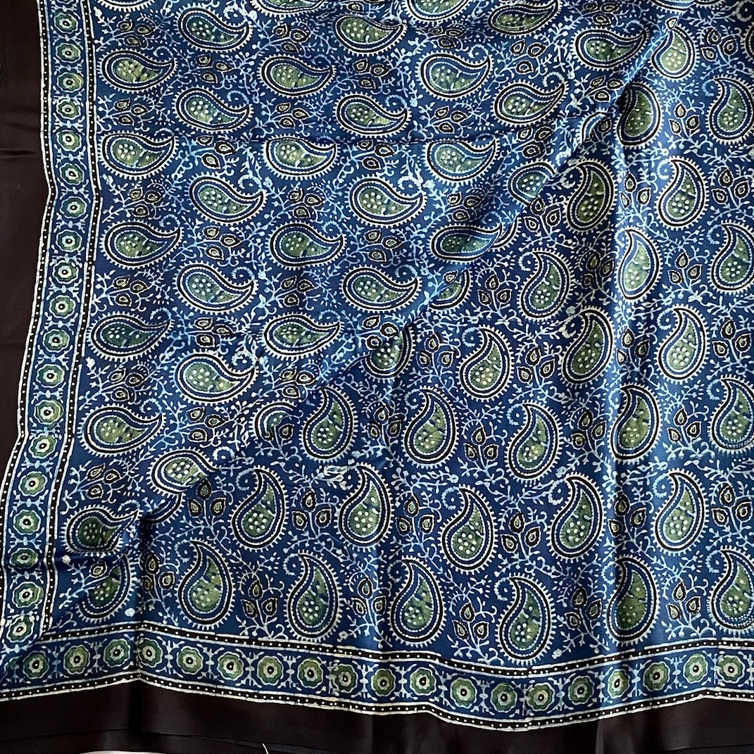 Deep Ocean Blue AJRAKH HANDBLOCK PRINTED SILK Saree With Olive Green Pallu