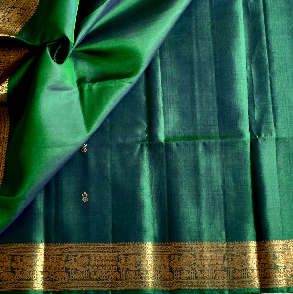 Teal Silk Saree Antique Gold Zari Elephant Border Tassels Traditional