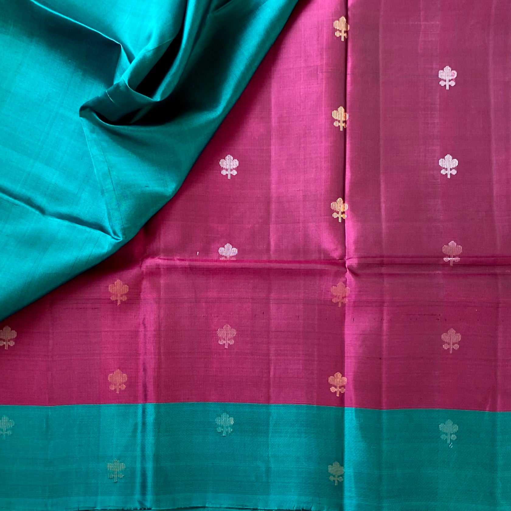 Peacock Teal Magenta Silk Saree With Antique Gold Zari Pallu