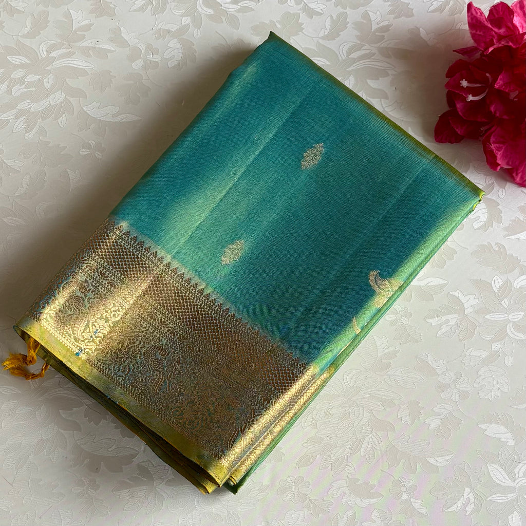 Dual shaded Sea Green Designer Pure Silk Saree With Light Green Pallu