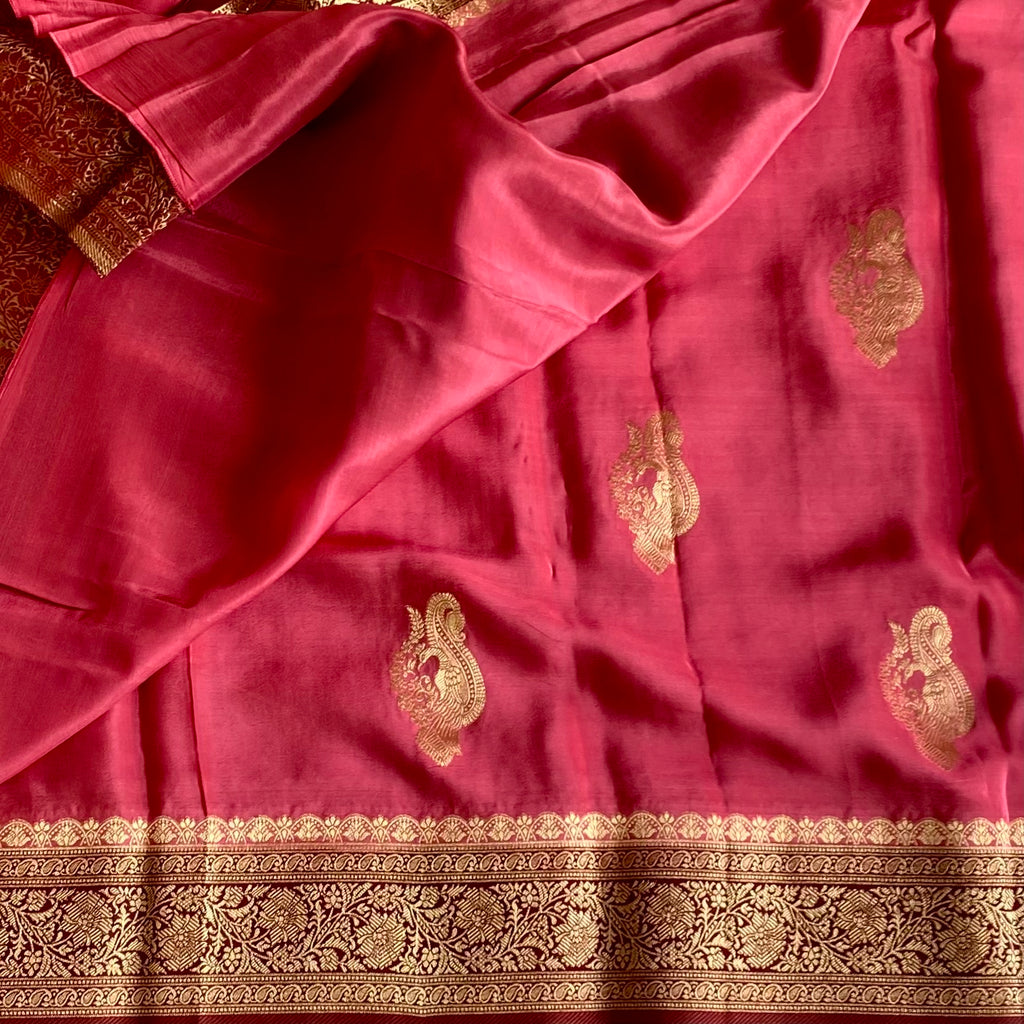 Rose Pink Soft Tussar Silk Saree With Maroon Pallu
