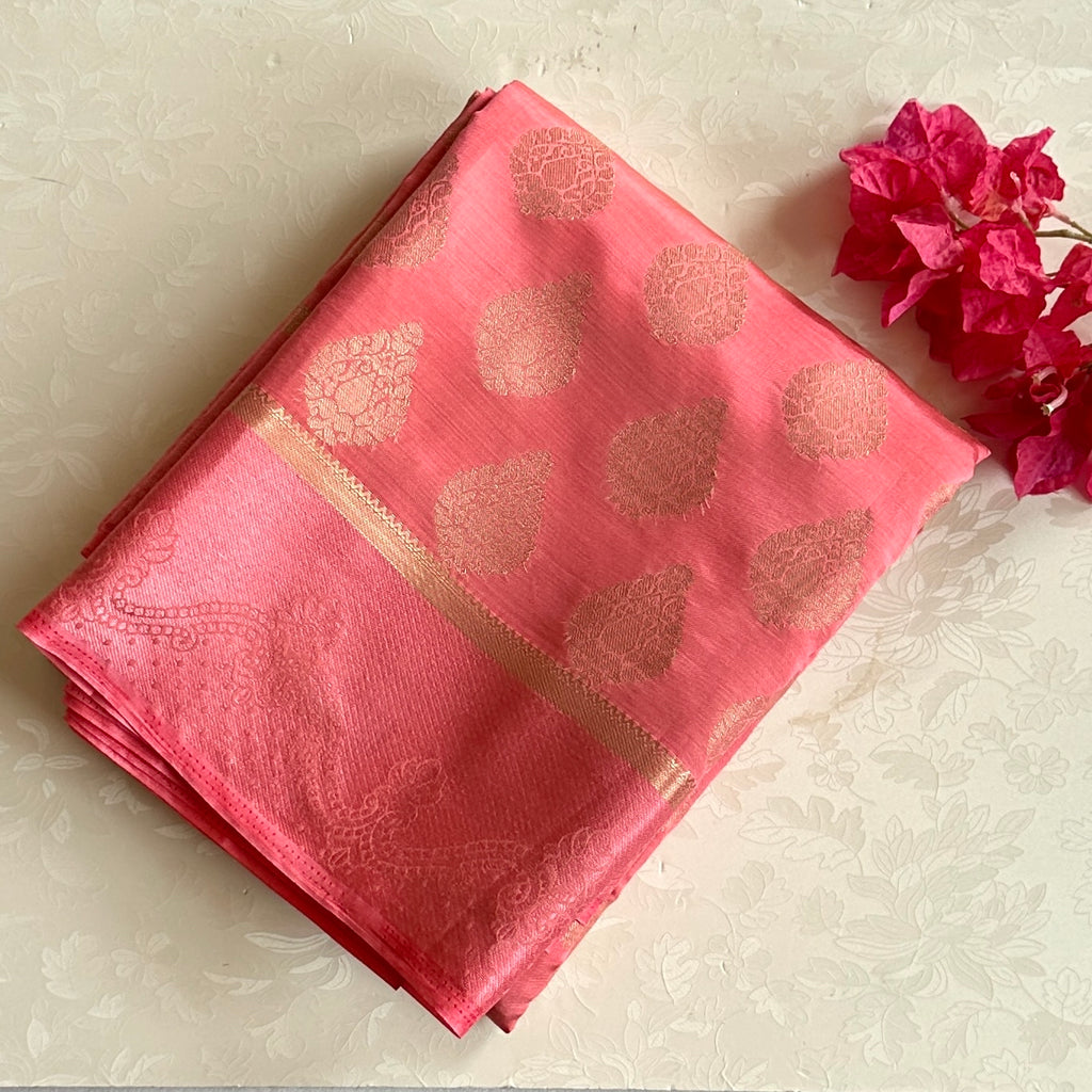 Coral Pink Silk Saree With Gold Zari Pallu And Paisley Border