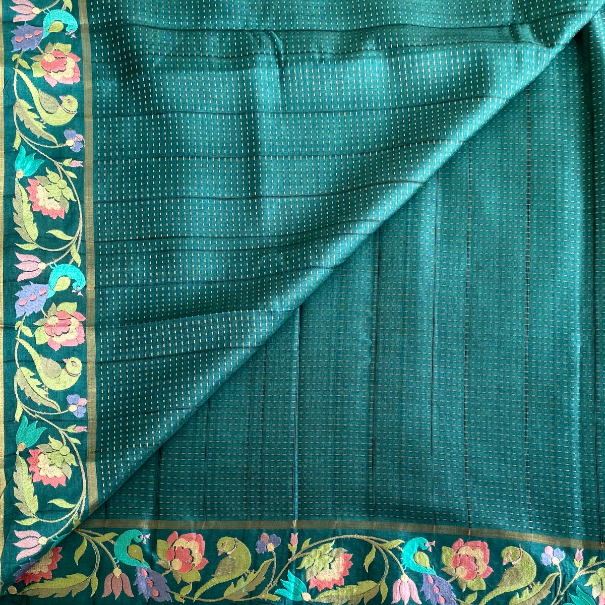 Deep Teal Soft Tussar Silk Saree With Antique Gold Floral Pallu