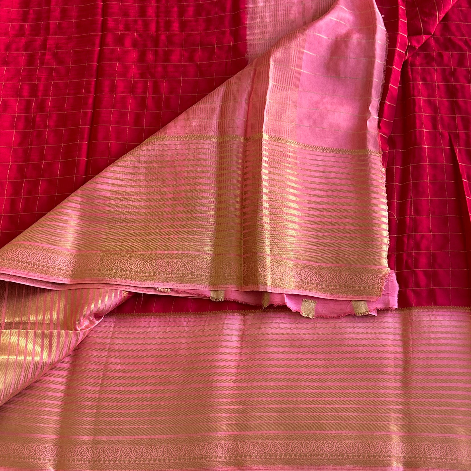 Fuchsia Gold Checked Saree with Blush Pallu and Paisley Border