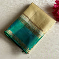 Ivory Pearl Designer Pure Silk Saree With Peacock Blue Pallu