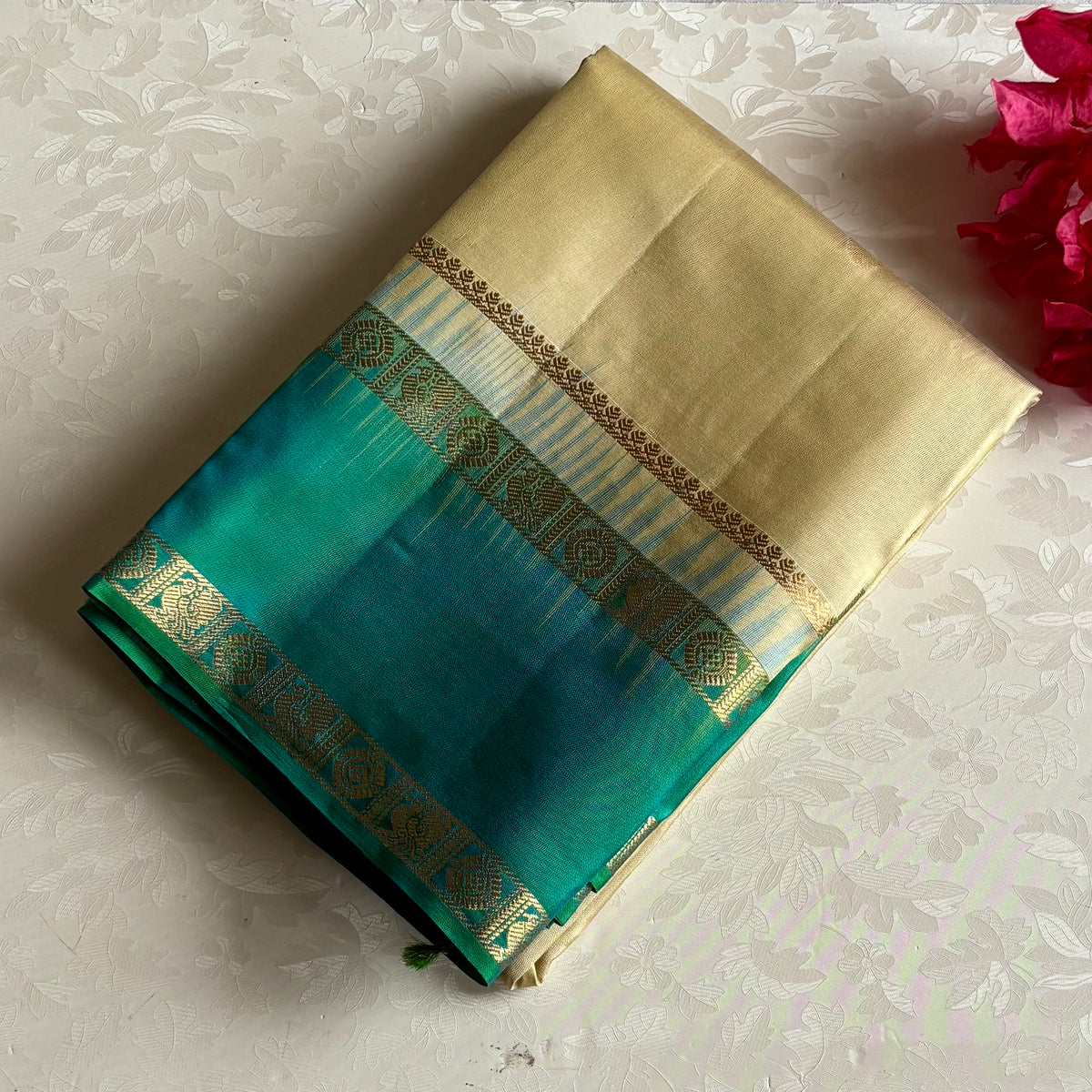 Ivory Pearl Designer Pure Silk Saree With Peacock Blue Pallu