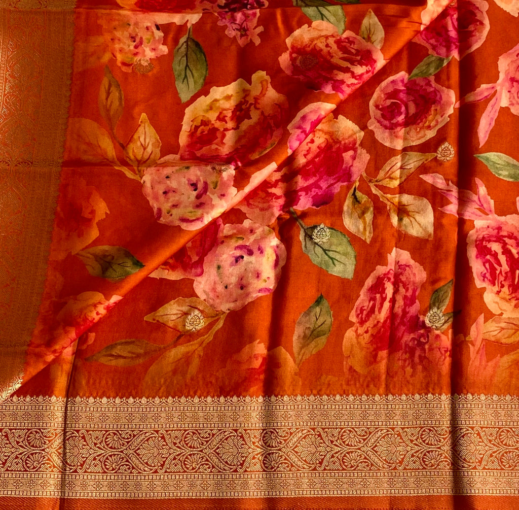 Burnt Orange Jute Tussar Silk With Antique Zari Pallu & Dreamy Prints