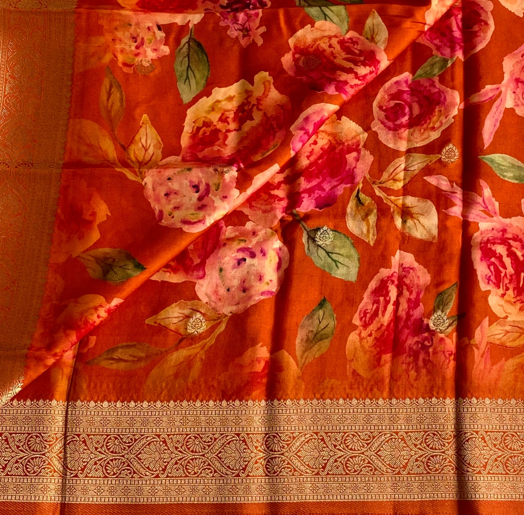 Burnt Orange Jute Tussar Silk With Antique Zari Pallu & Dreamy Prints