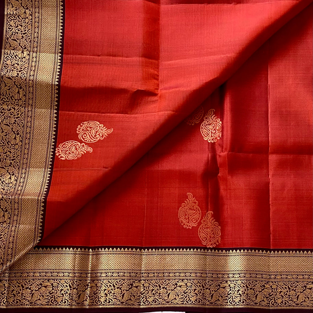 Brick Red Designer Pure Silk Saree Deep Wine Maroon Zari Border