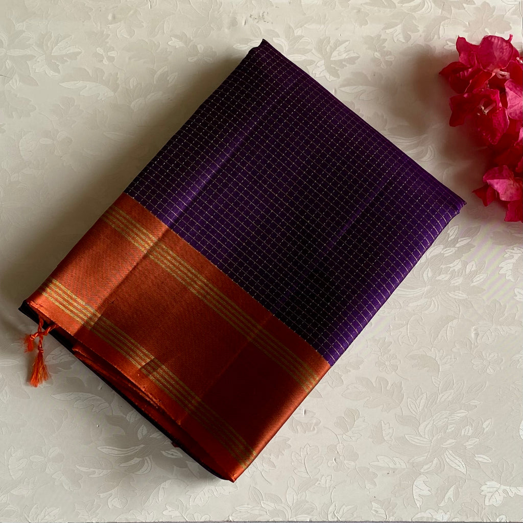 Deep Purple Designer Pure Silk Saree With Burnt Orange Pallu