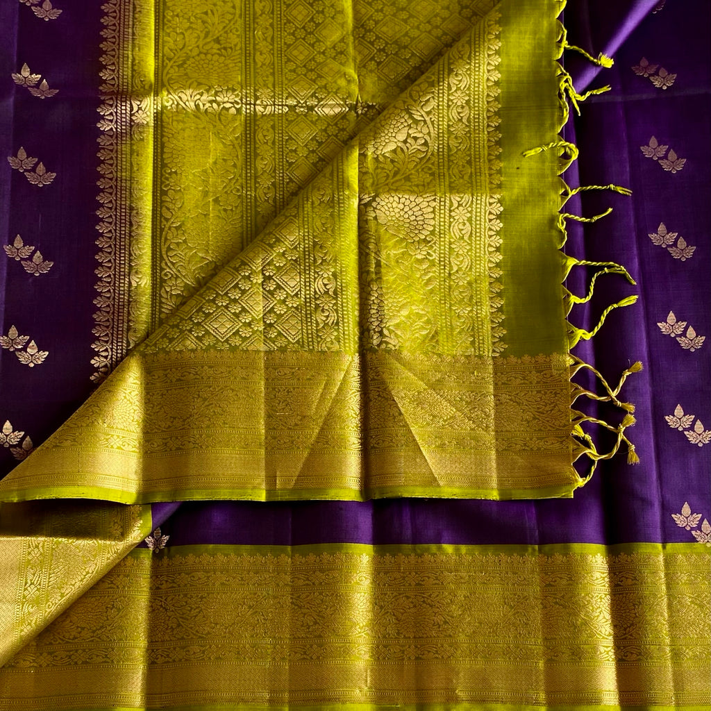 Indigo Purple Designer Pure Silk with Magical Olive Green Contrast