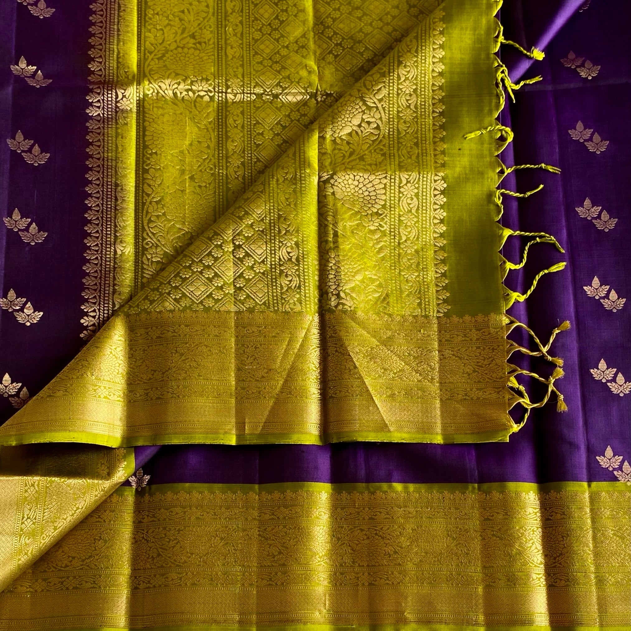 Indigo Purple Designer Pure Silk with Magical Olive Green Contrast