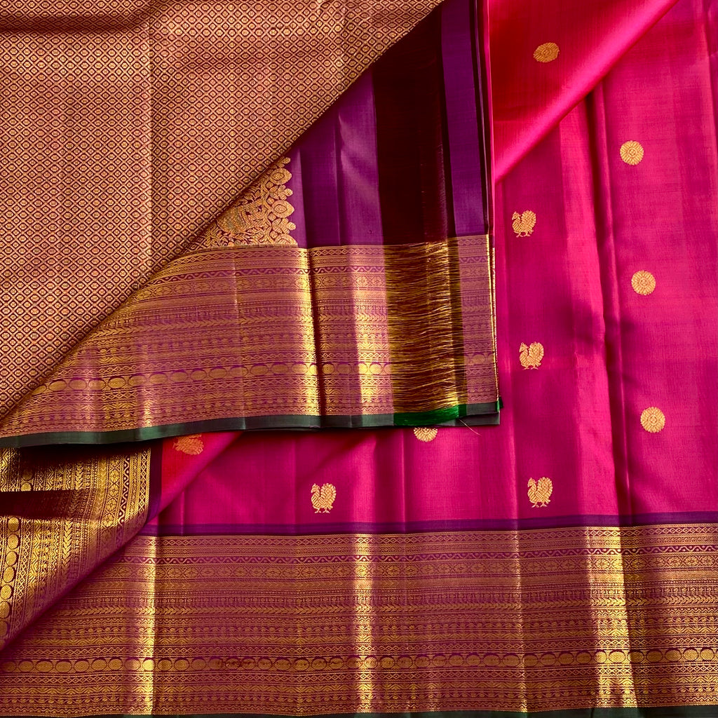 Rani Pink Kanjeevaram Pure Zari Silk Saree With Plum Purple Pallu