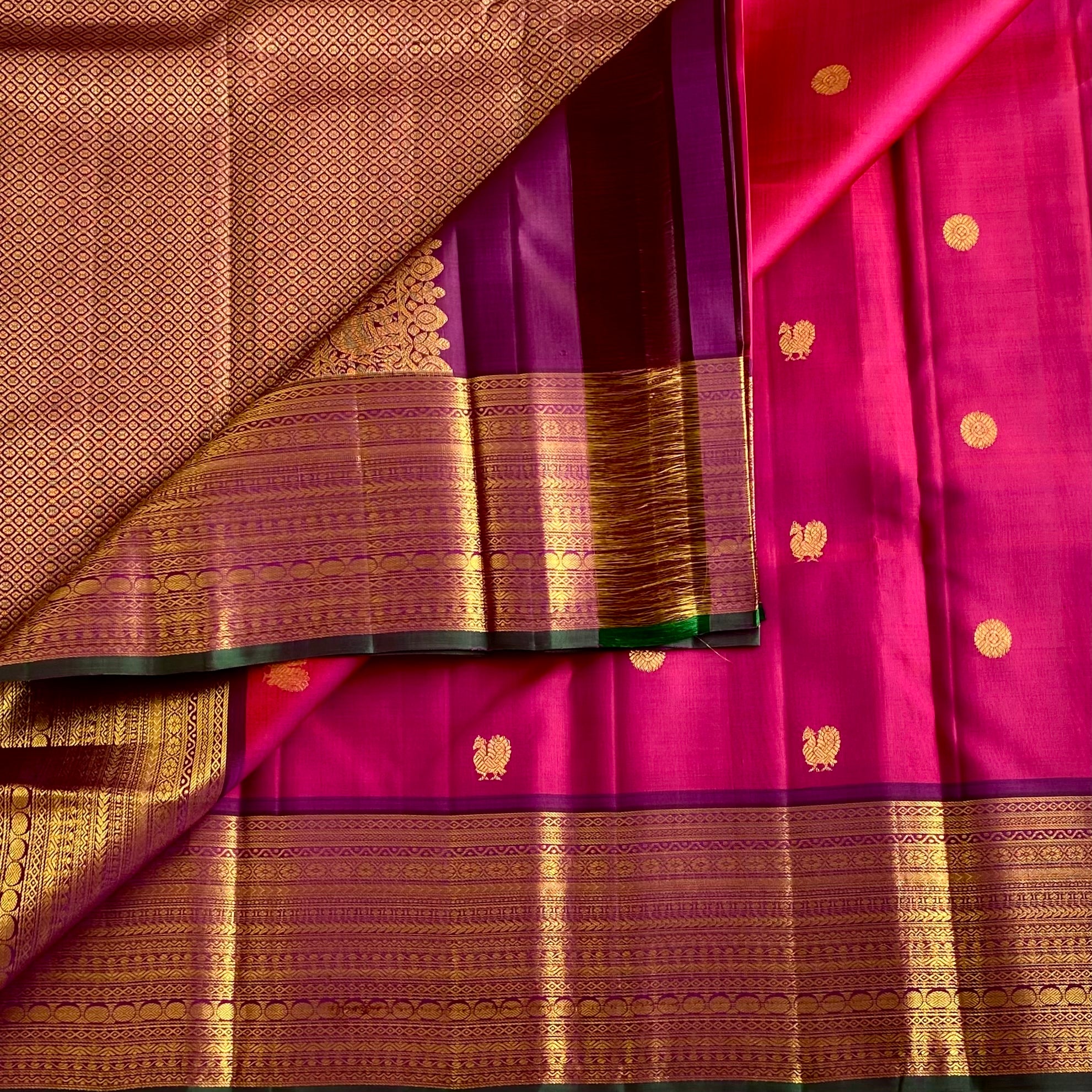 Rani Pink Kanjeevaram Pure Zari Silk Saree With Plum Purple Pallu