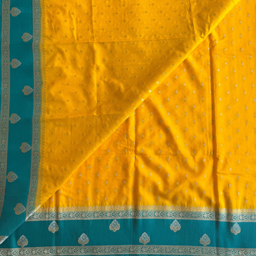 Mustard Teal Woven Saree Gold Border Traditional Festive Elegant Premium