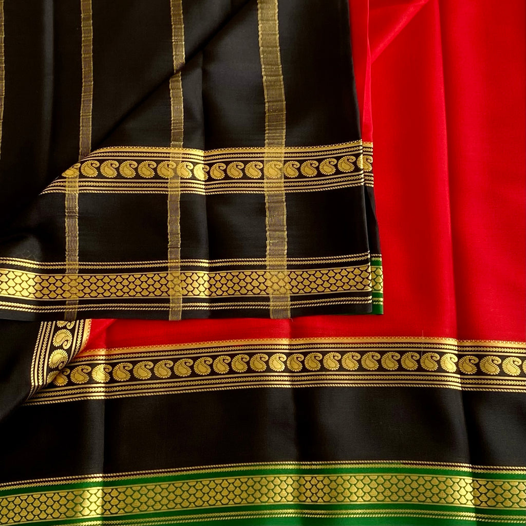 Scarlet Red Lightweight Mysore Crepe Silk Saree With Jet Black Border