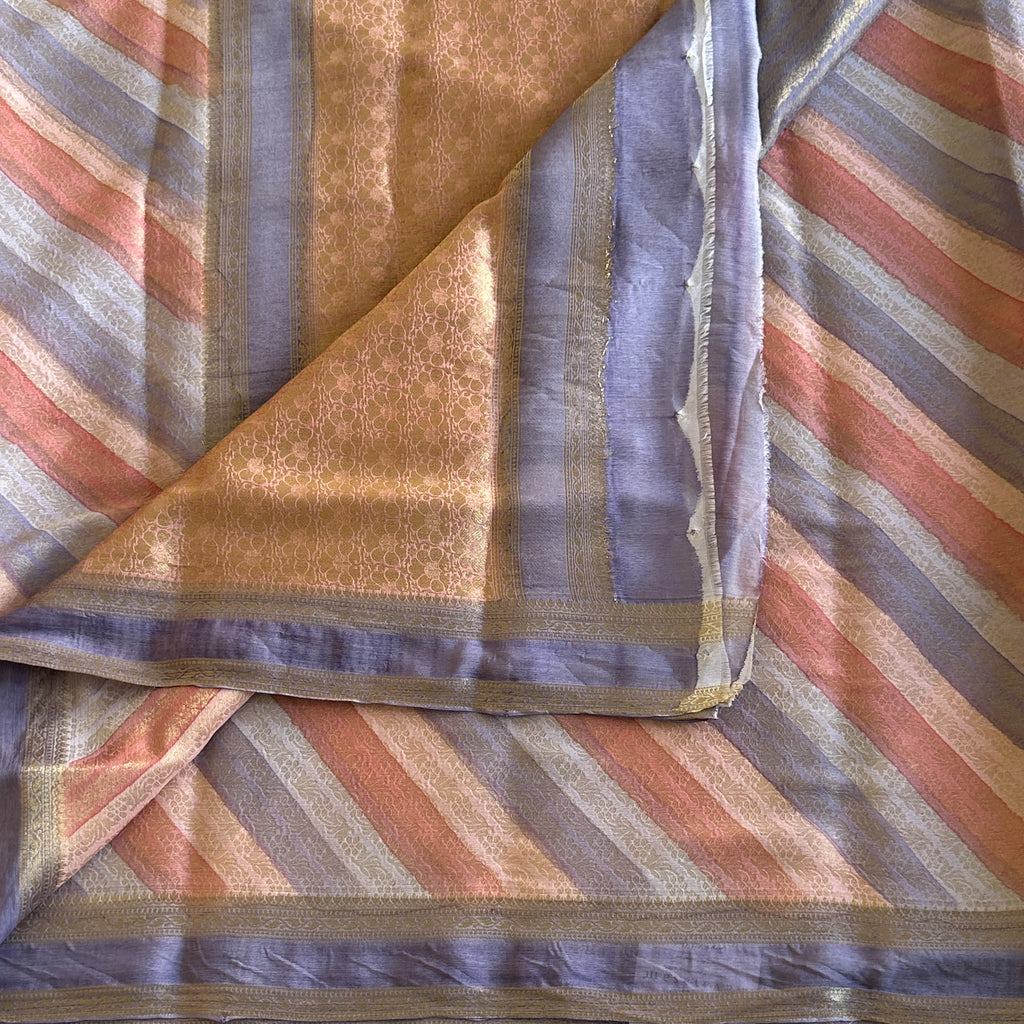 Elegant Coral Peach Lavender Striped Saree With Gold Zari Panel