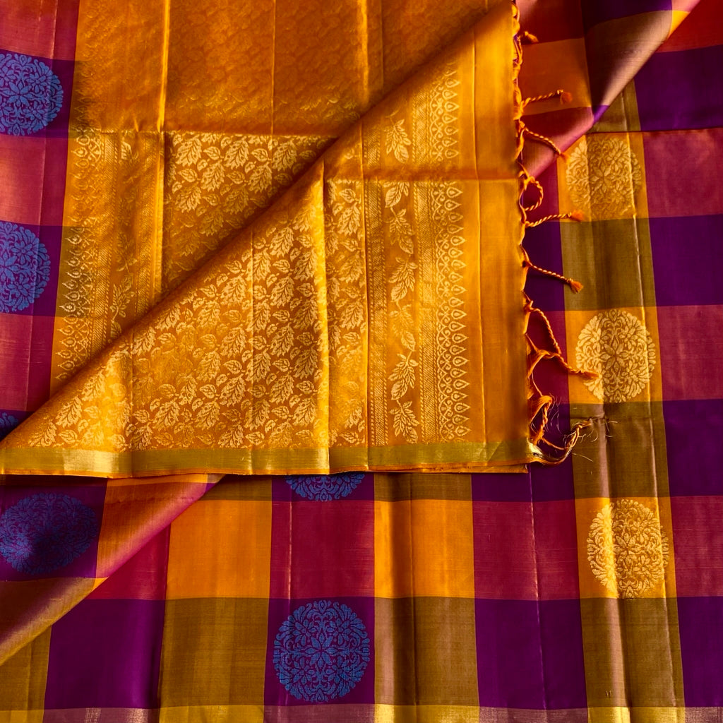 Checkered Shades Of Orange & Purple Designer Pure Silk