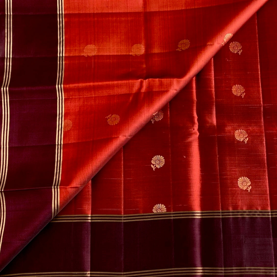 Burnt Orange Designer Pure Silk With Deep Plum Beauty