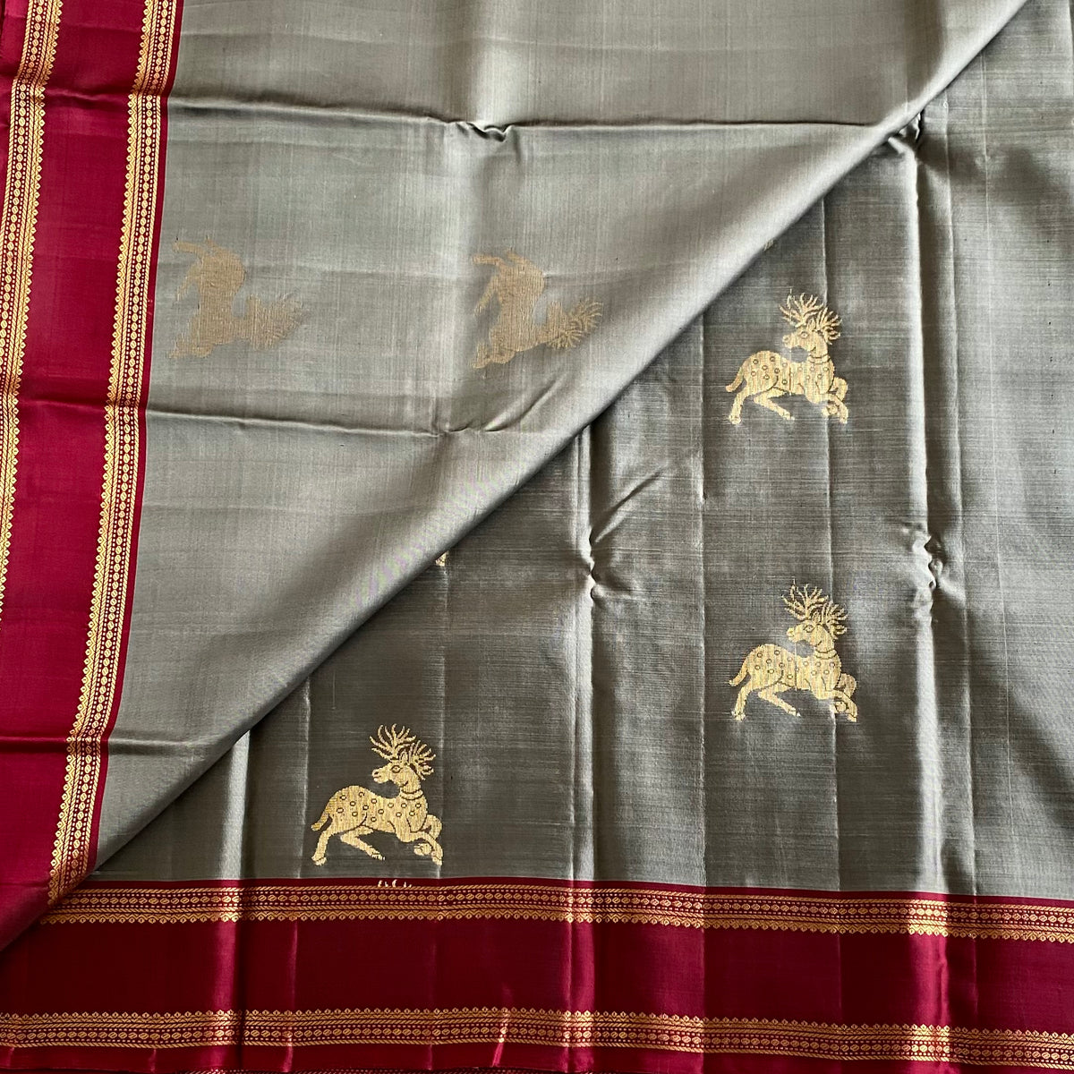 Slate Gray Designer Pure Silk Saree With Deep Magenta Pallu