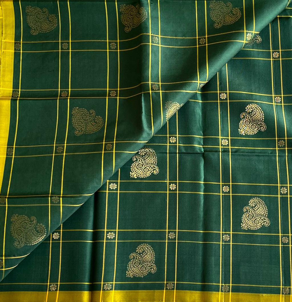 Golden Yellow Silk Saree with Forest Green Paisley Checked Border