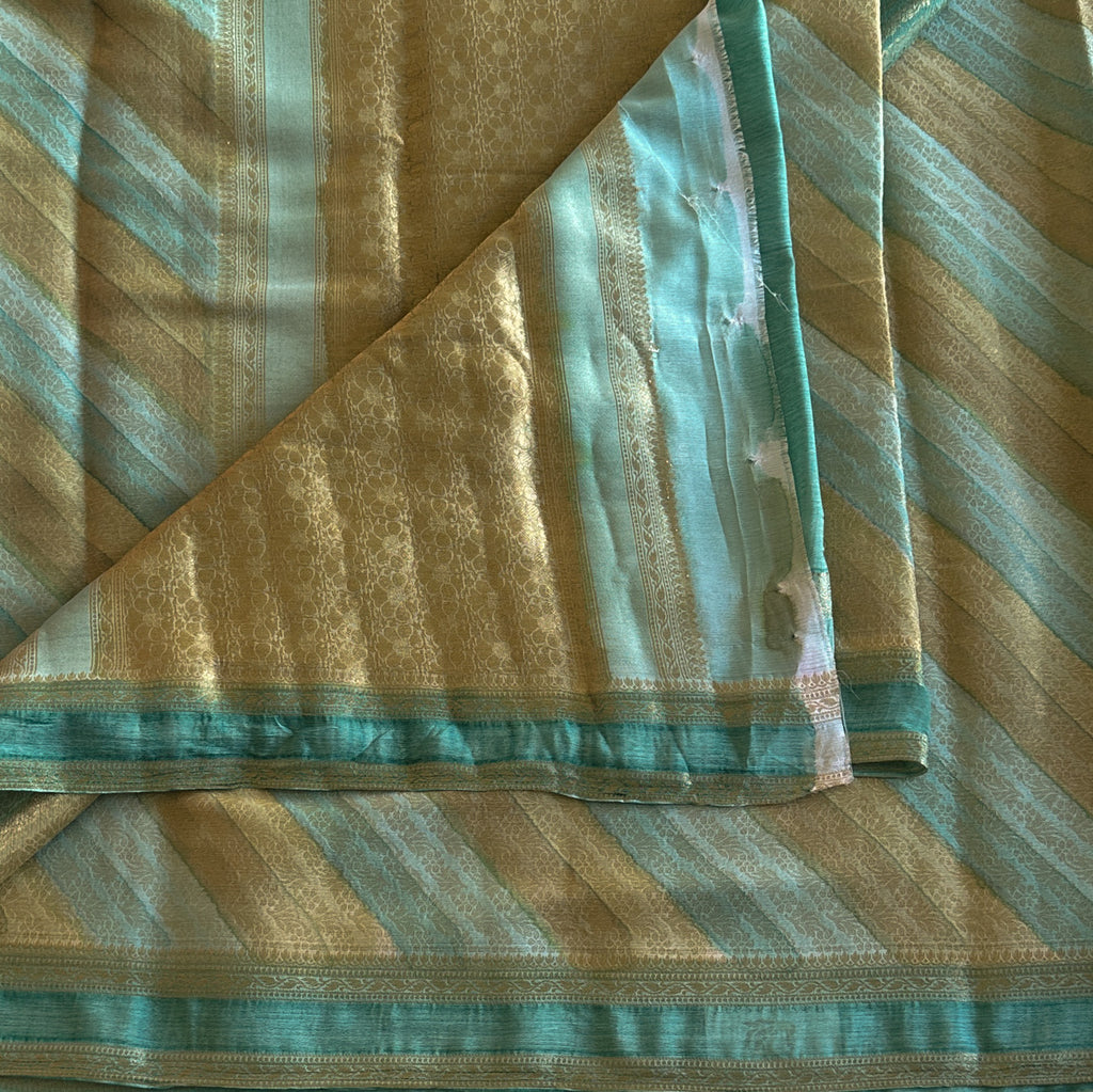 Aqua Gold Diagonal Striped Saree With Zari Border Pallu