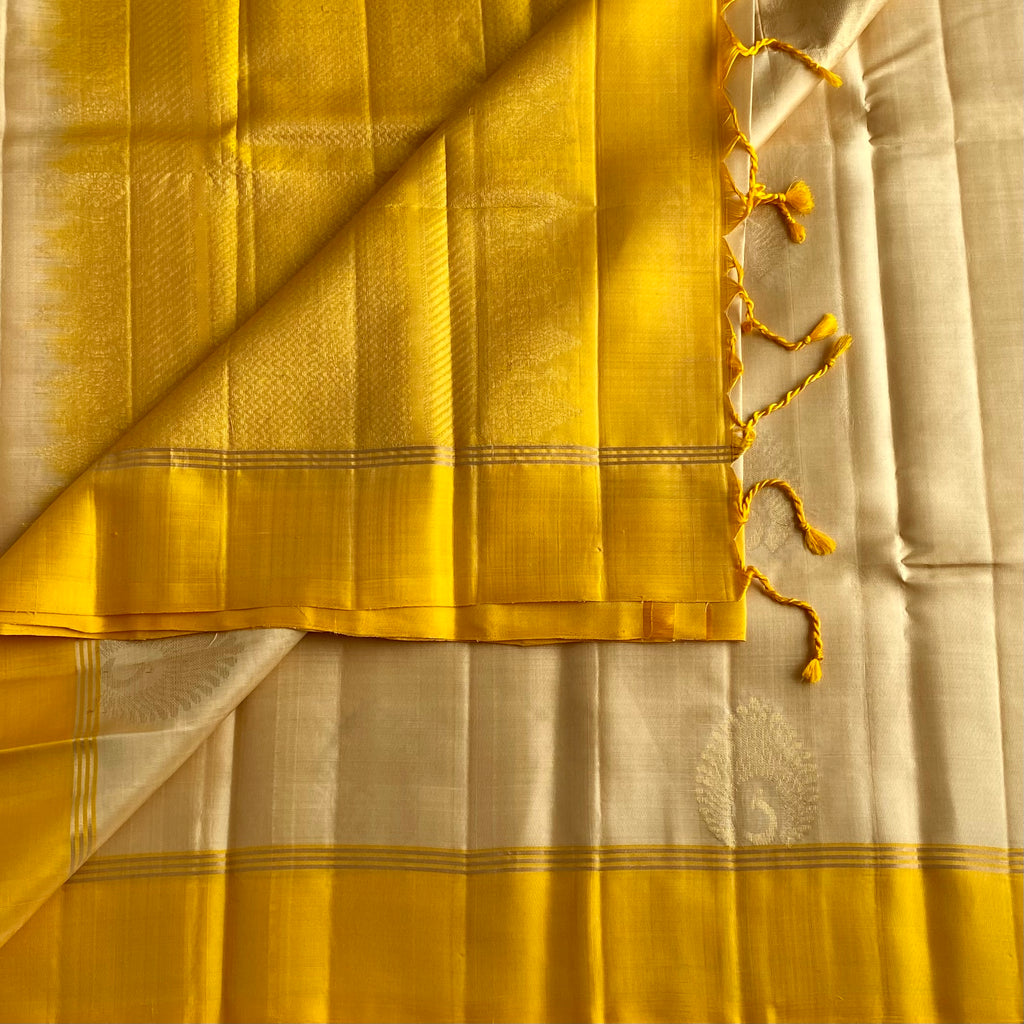 Champagne Beige with Golden Yellow Designer Pure Silk