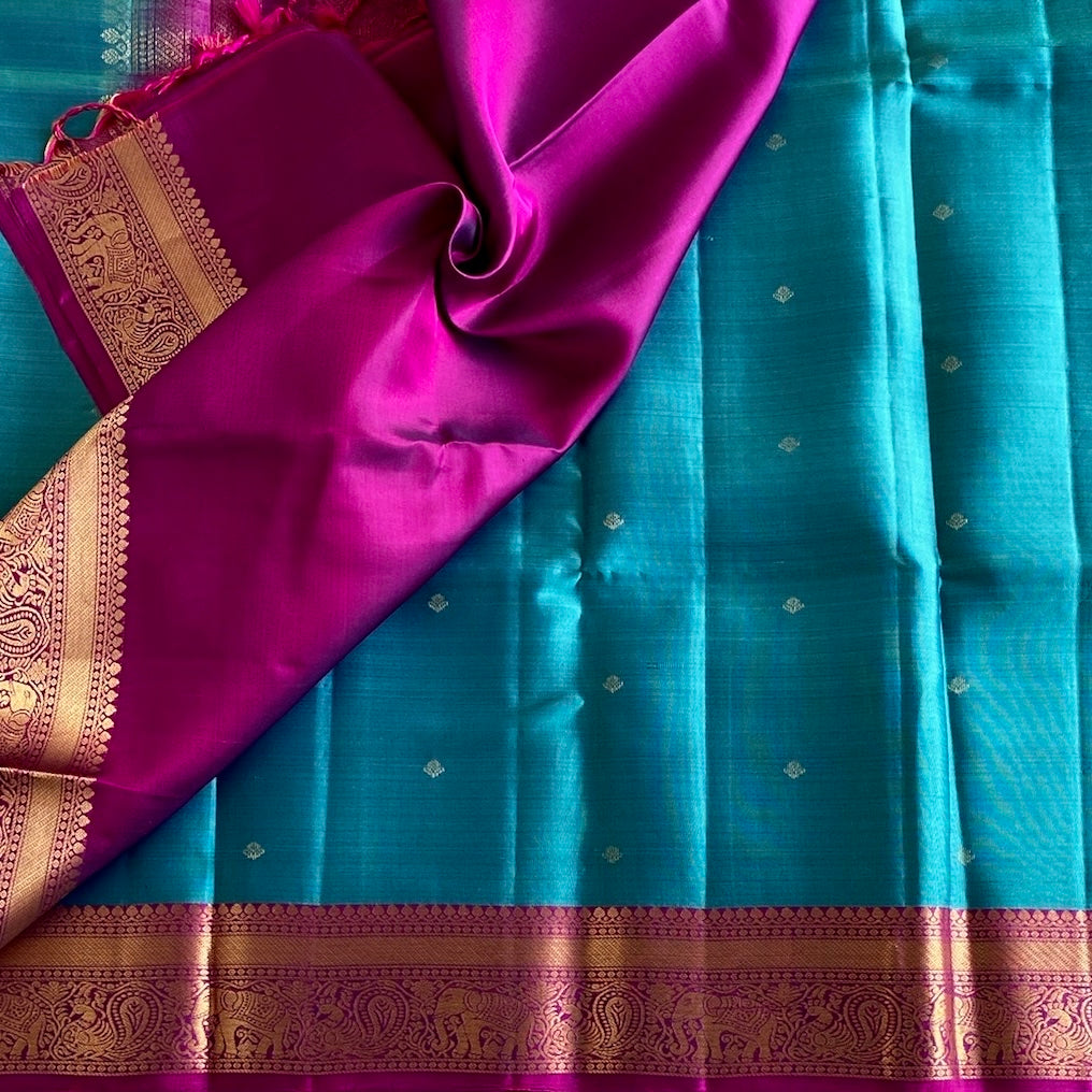 Teal Blue Designer Pure Silk Saree With Magenta Pallu And Gold Zari