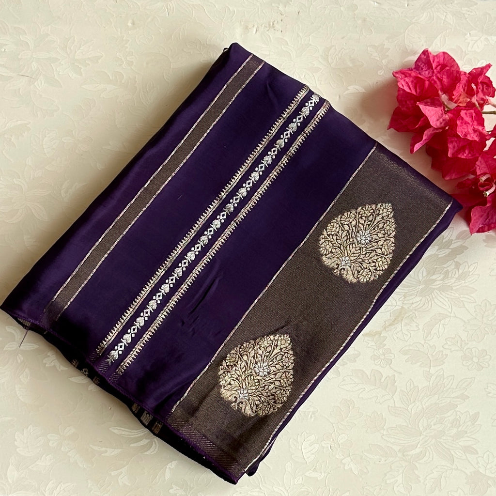 Royal Purple Silk Brocade Saree With Gold Zari Border