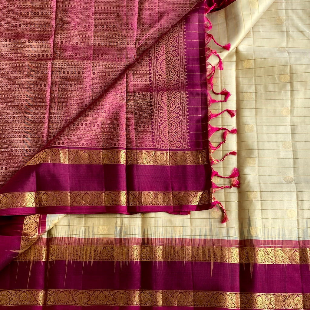 Champagne Pearl Beige With Deep Magenta Checkered Designer Pure Silk