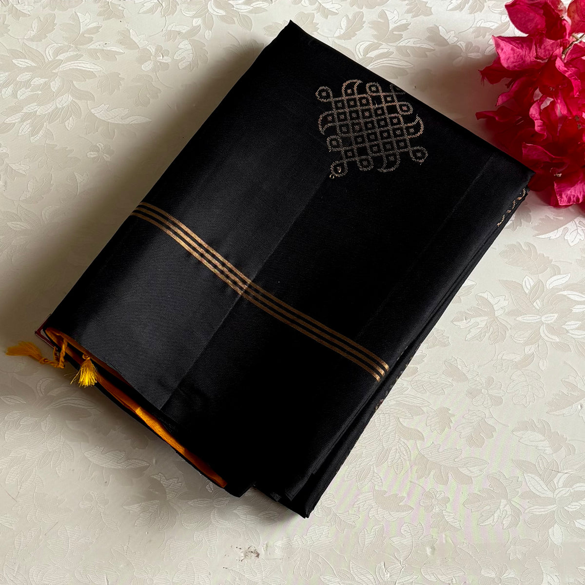 Charcoal Black Designer Kollam Pure Silk Saree With Mustard Yellow Pallu