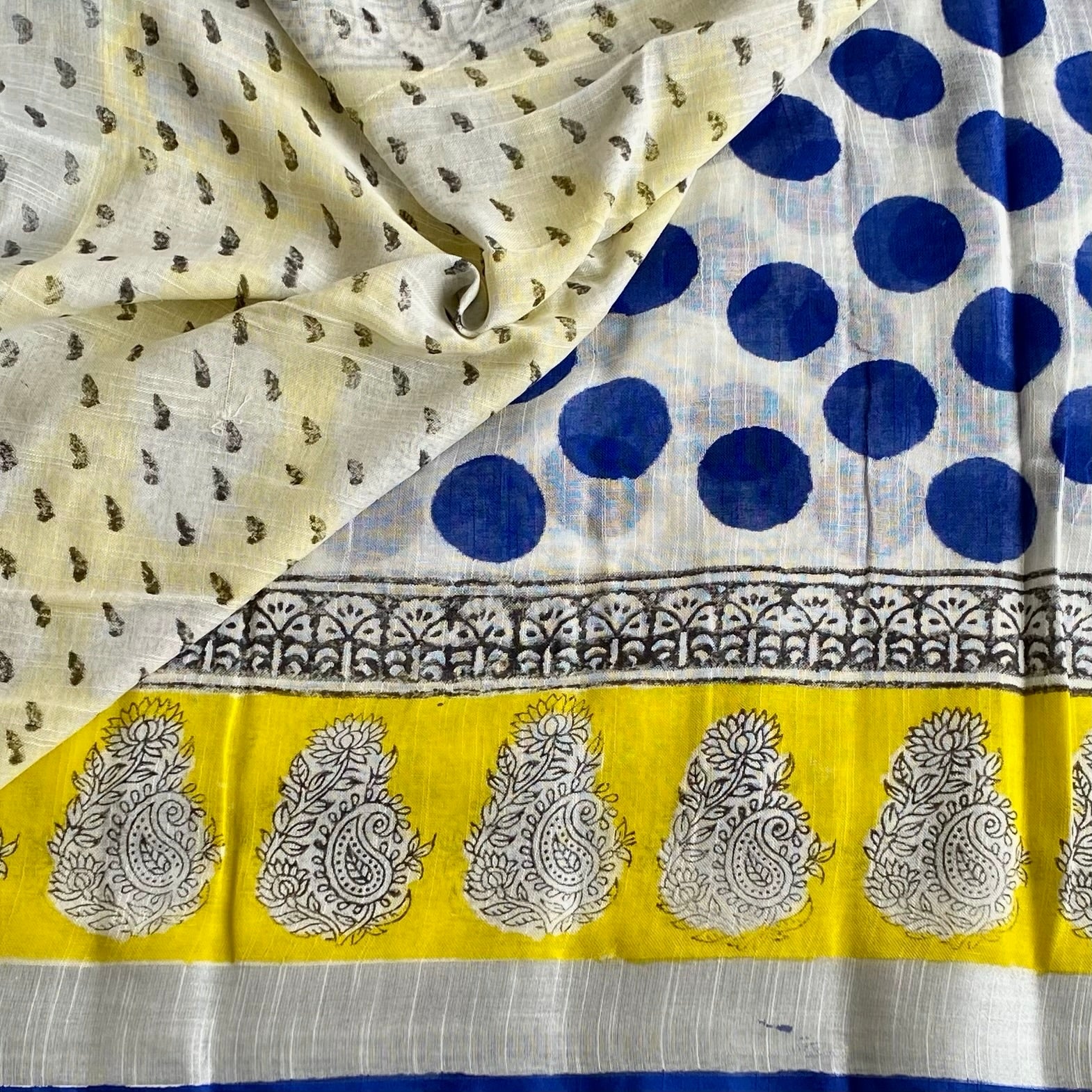 Lemon Yellow Block Printed Soft Linen Silver Borders Saree Royal Blue buttas Silver Border